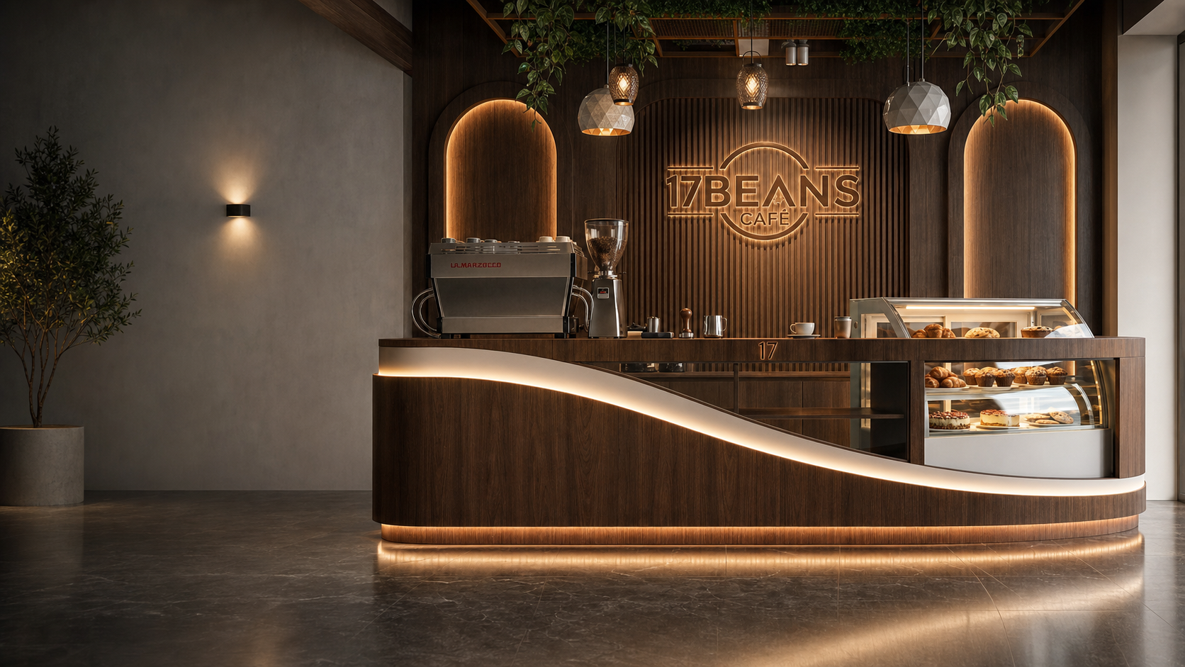 The warm wood counter, coffee bar and pastry display inside 17 Beans Cafe