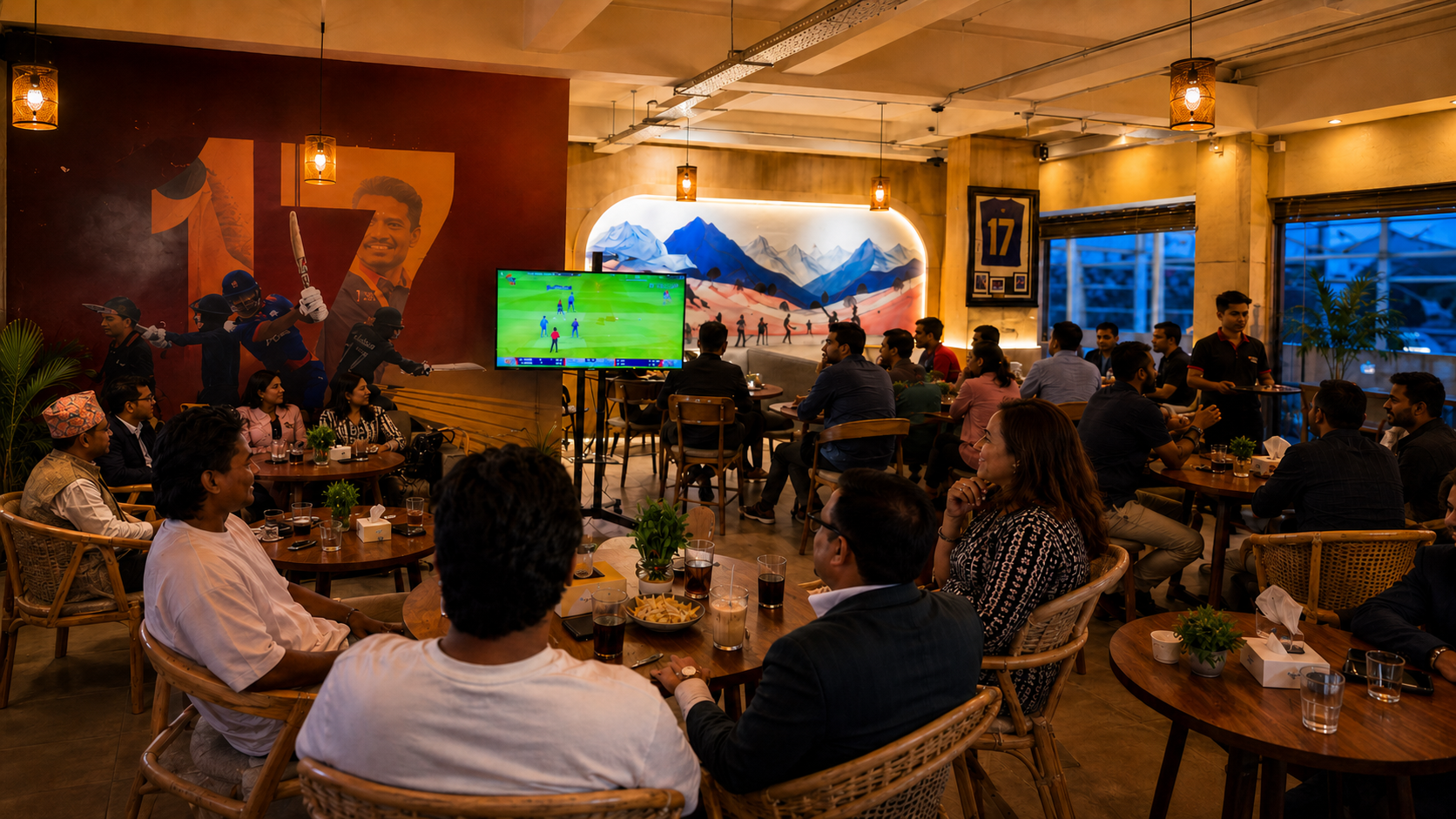 A full café of guests watching a cricket match together at 17 Beans Cafe