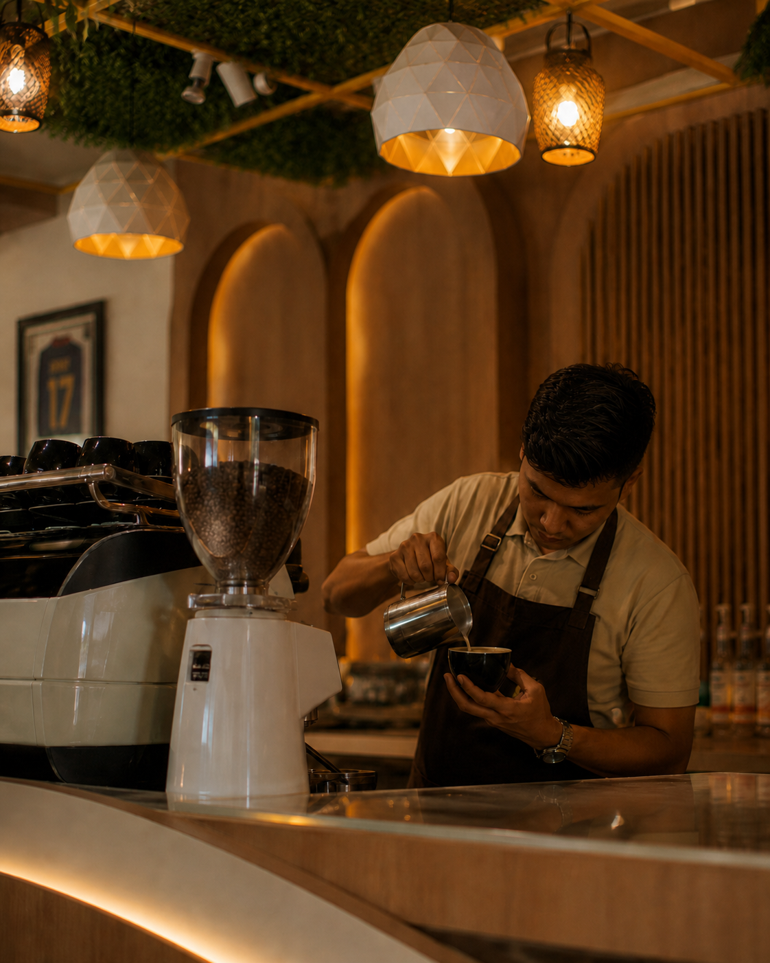 17 Beans barista pouring milk into a coffee behind the counter