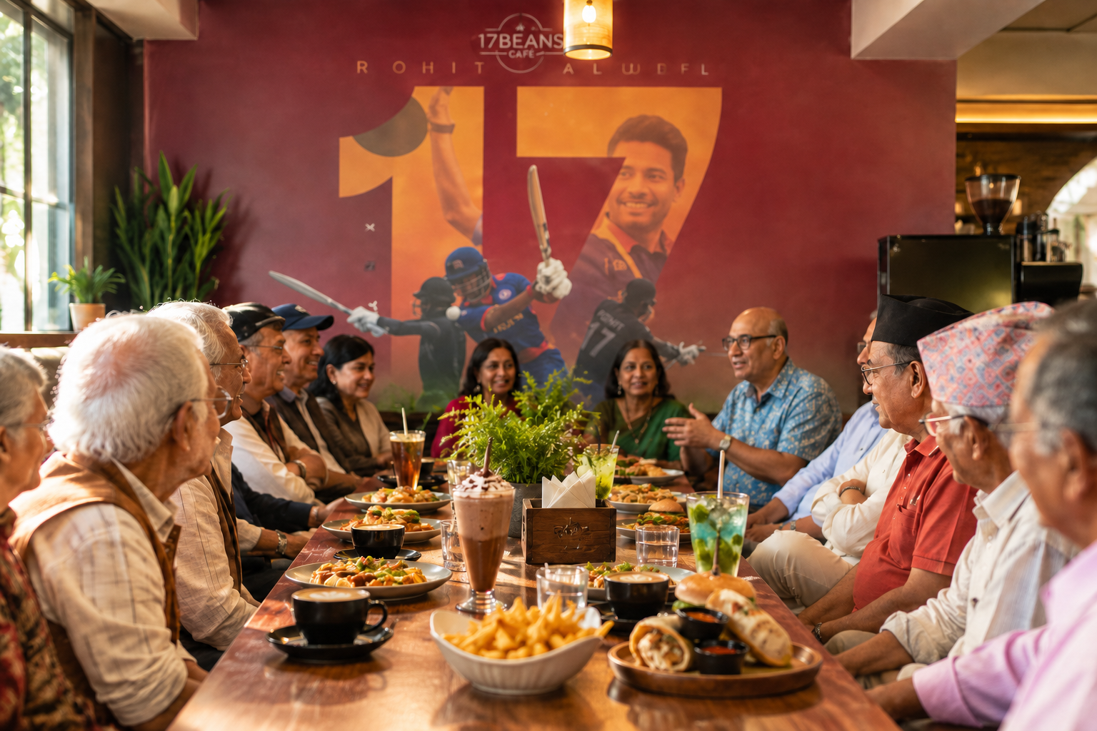 Friends gathered around a long table filled with food and drinks at 17 Beans Cafe