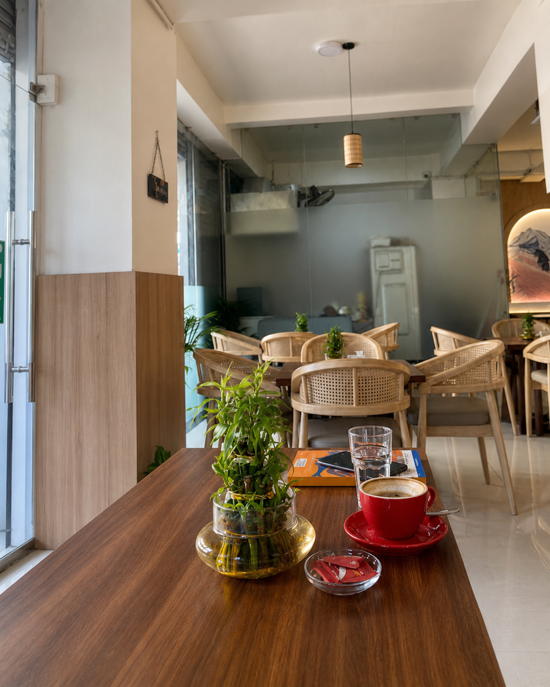 A red coffee cup and green table plant inside 17 Beans Cafe
